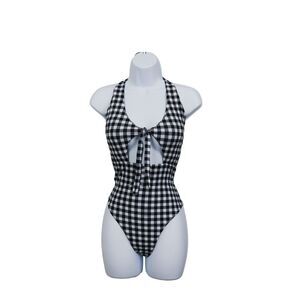 Large Black & White Checkered One-Piece Swimsuit – Retro Style Swimwear